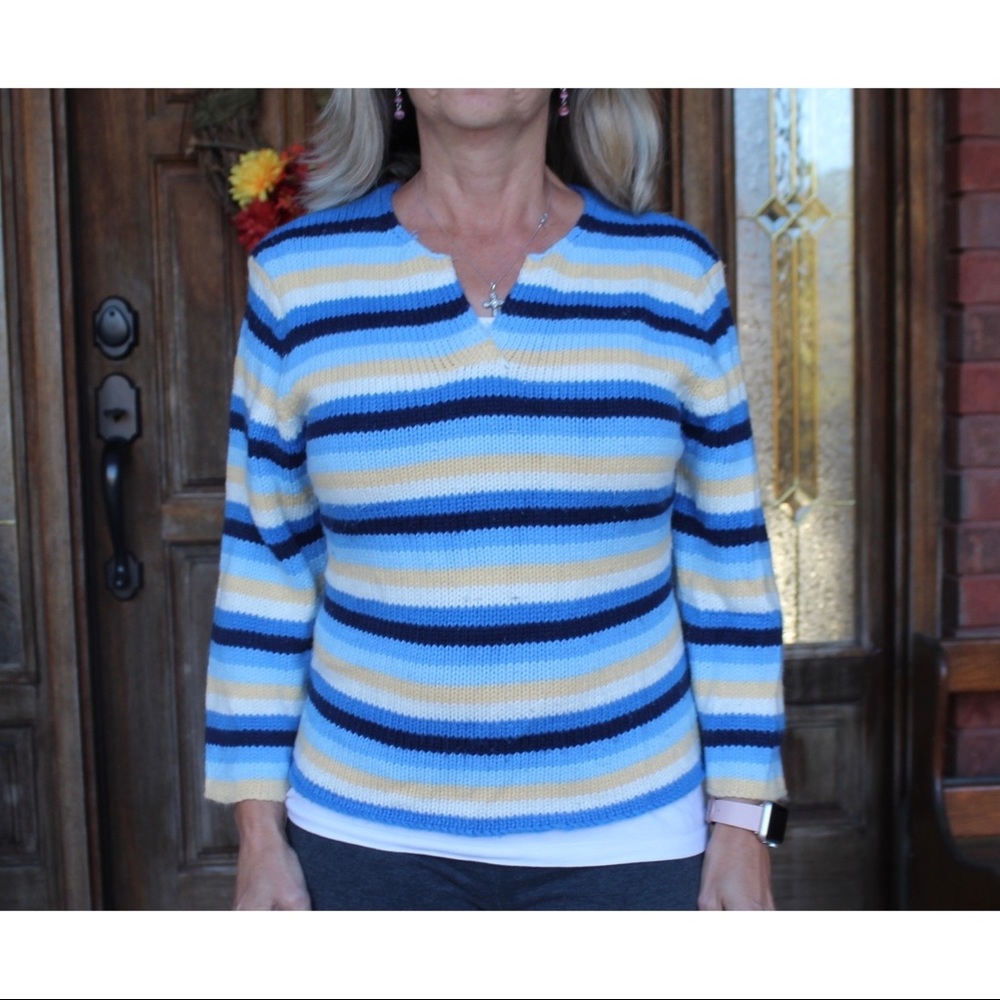 Vintage Blue and Yellow Striped V-Neck Sweater!